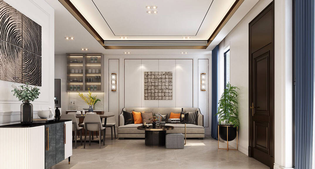 金茂墅180㎡別墅客廳餐廳現(xiàn)代風格裝修效果圖